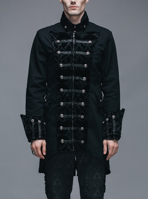 Gothic Collar With Singed Tweed Cuffs Front Chest With Four-Button Trim Split Black Jacket