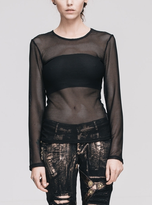 Black Punk Round Collar Fishing Net See-Through Knit Long Sleeve Stretch Blouse