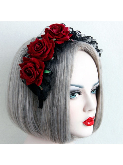 Vintage Burgundy Flannel Rose Flower Christmas Palace Black Lace Gothic Lolita Witch Maid Wide Headband