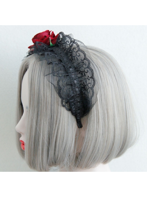 Vintage Burgundy Flannel Rose Flower Christmas Palace Black Lace Gothic Lolita Witch Maid Wide Headband