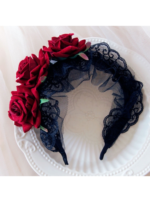 Vintage Burgundy Flannel Rose Flower Christmas Palace Black Lace Gothic Lolita Witch Maid Wide Headband