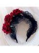 Vintage Burgundy Flannel Rose Flower Christmas Palace Black Lace Gothic Lolita Witch Maid Wide Headband