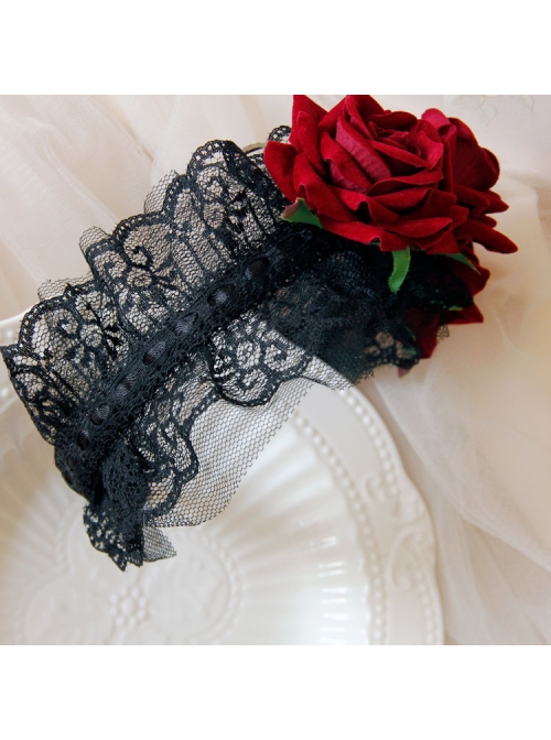 Vintage Burgundy Flannel Rose Flower Christmas Palace Black Lace Gothic Lolita Witch Maid Wide Headband