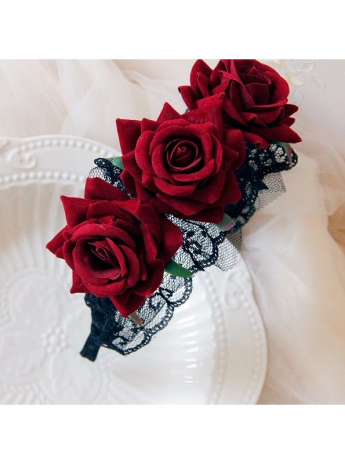 Vintage Burgundy Flannel Rose Flower Christmas Palace Black Lace Gothic Lolita Witch Maid Wide Headband