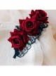 Vintage Burgundy Flannel Rose Flower Christmas Palace Black Lace Gothic Lolita Witch Maid Wide Headband