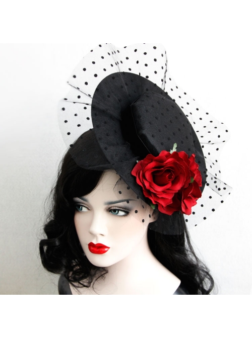 Retro Sexy Wine Red Rose Net Yarn Flower Top Hat Hairpin Nightclub Party Masquerade Party Accessories