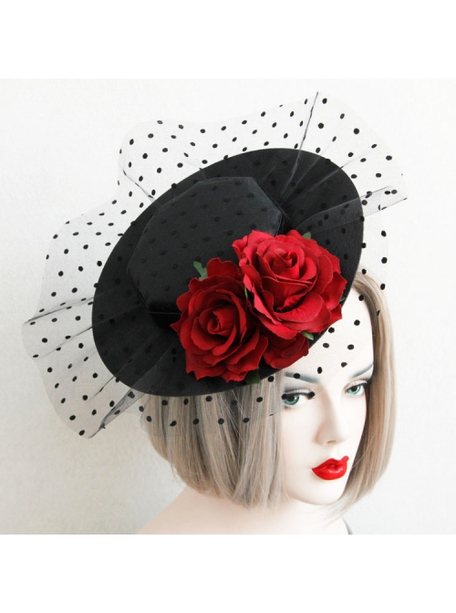 Retro Sexy Wine Red Rose Net Yarn Flower Top Hat Hairpin Nightclub Party Masquerade Party Accessories