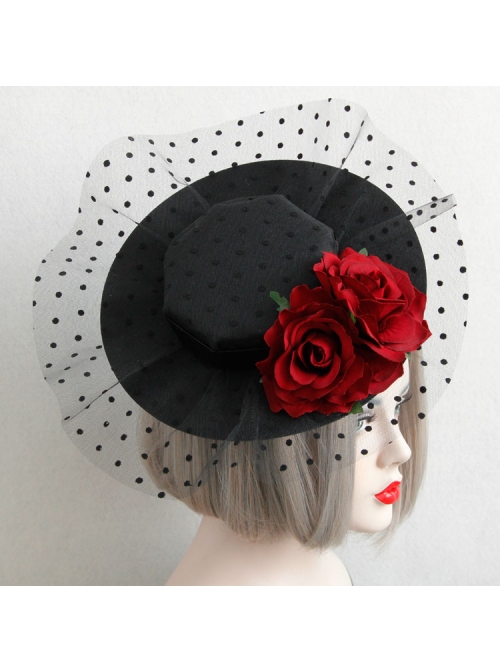 Retro Sexy Wine Red Rose Net Yarn Flower Top Hat Hairpin Nightclub Party Masquerade Party Accessories
