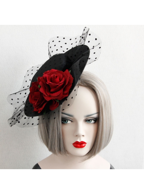 Retro Sexy Wine Red Rose Net Yarn Flower Top Hat Hairpin Nightclub Party Masquerade Party Accessories