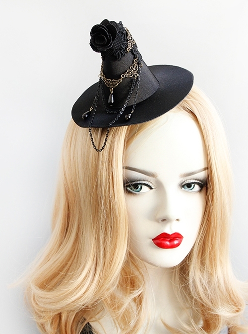 Gothic Style Performance Witch Wizard Hat Flowers Chain Black Lace Side Clip Jewelry