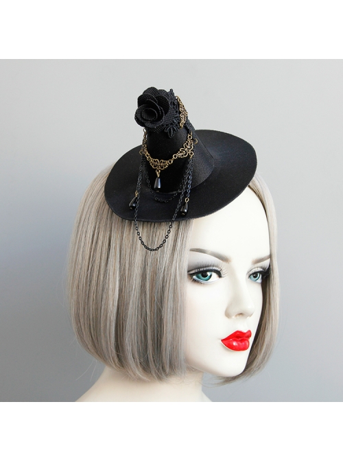 Gothic Style Performance Witch Wizard Hat Flowers Chain Black Lace Side Clip Jewelry