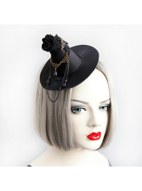 Gothic Style Performance Witch Wizard Hat Flowers Chain Black Lace Side Clip Jewelry