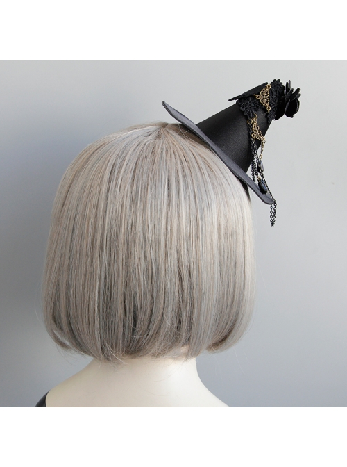 Gothic Style Performance Witch Wizard Hat Flowers Chain Black Lace Side Clip Jewelry