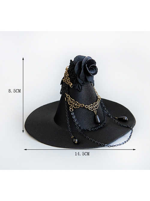Gothic Style Performance Witch Wizard Hat Flowers Chain Black Lace Side Clip Jewelry