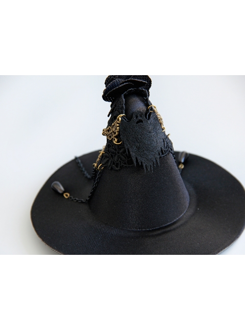 Gothic Style Performance Witch Wizard Hat Flowers Chain Black Lace Side Clip Jewelry
