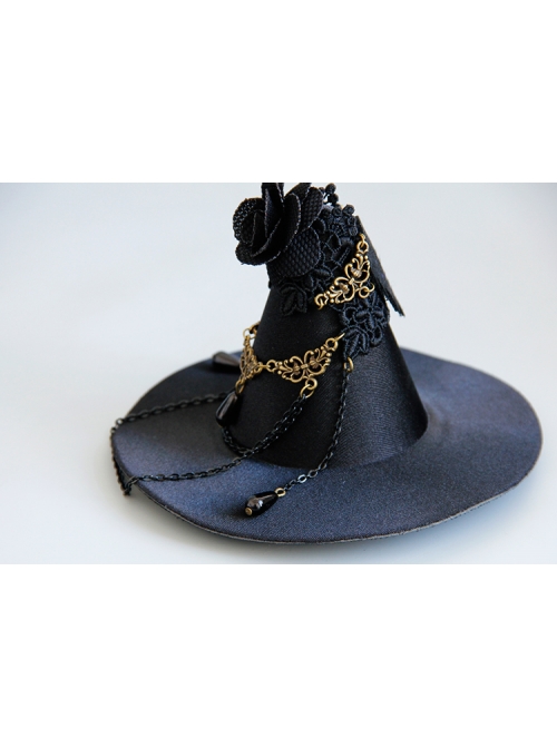 Gothic Style Performance Witch Wizard Hat Flowers Chain Black Lace Side Clip Jewelry
