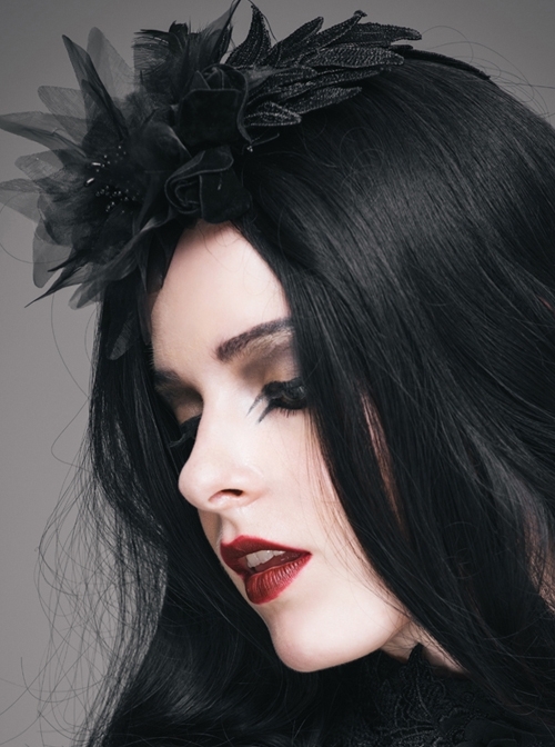 Black Feather Pattern Lace Mesh Flower Gothic Headdress