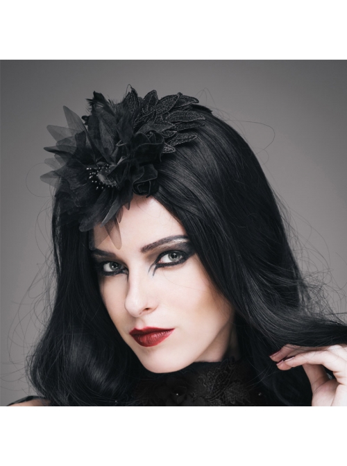 Black Feather Pattern Lace Mesh Flower Gothic Headdress