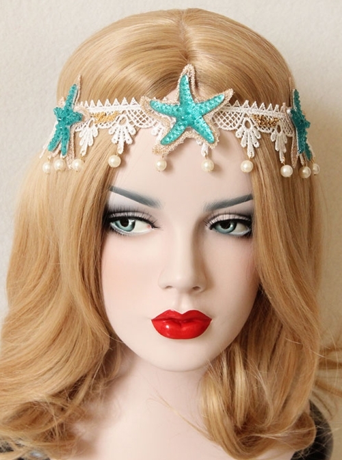 Gothic Holiday White Lace Starfish Pearl Hair Band Christmas Wreath Forehead Band Headwear