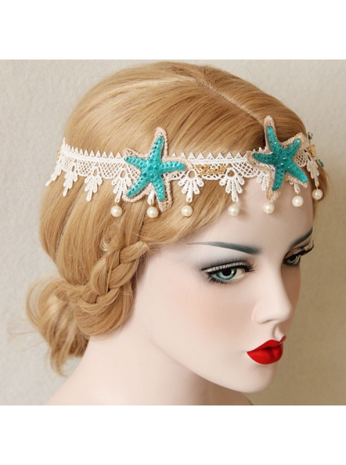 Gothic Holiday White Lace Starfish Pearl Hair Band Christmas Wreath Forehead Band Headwear