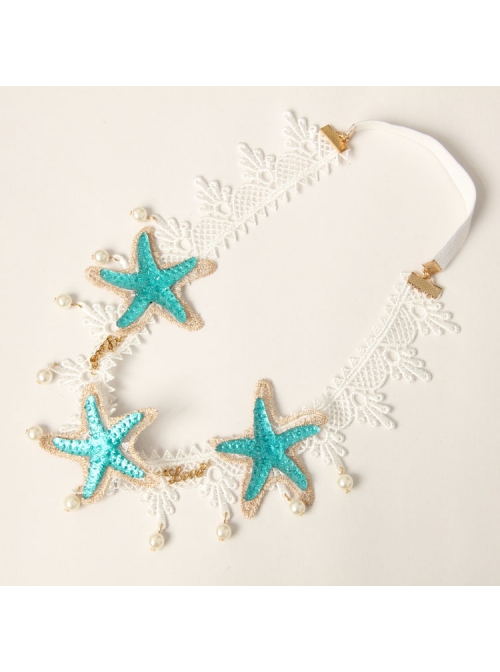 Gothic Holiday White Lace Starfish Pearl Hair Band Christmas Wreath Forehead Band Headwear