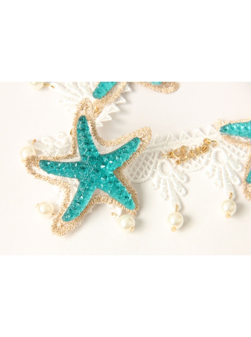 Gothic Holiday White Lace Starfish Pearl Hair Band Christmas Wreath Forehead Band Headwear