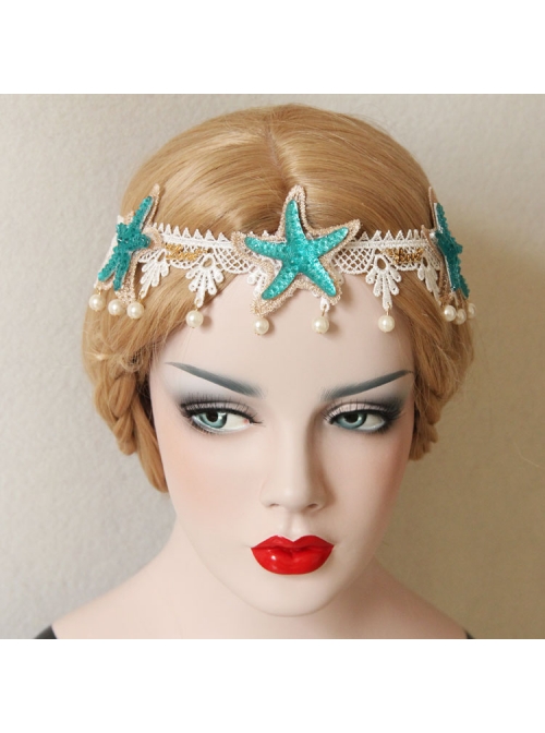 Gothic Holiday White Lace Starfish Pearl Hair Band Christmas Wreath Forehead Band Headwear