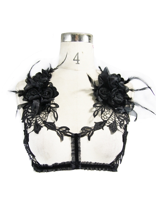 Black Lace Feather Rose Lace Embellished Transparent Gothic Sexy Accessories