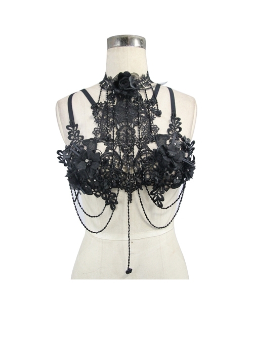 Black Lace Hollow Pattern 3D Flower Decoration Detachable Glass Diamond Gothic Chest Strap Jewelry