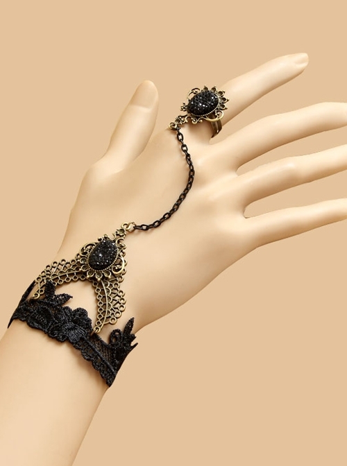 Black Gothic Palace Creative Lace Bracelet Female Wristband Double Finger Queen Fan Personality Rose Ornament