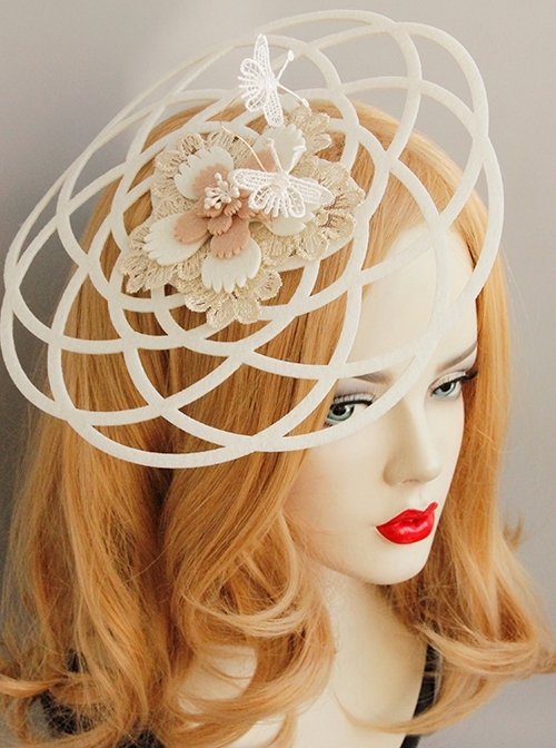 Gothic Retro Lady White Lace Bride Butterfly Flower Top Hat Headwear Performance Hair Accessories