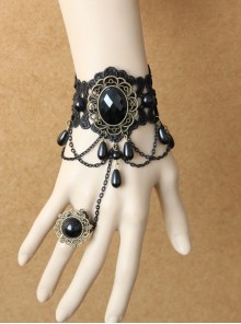 Retro Gothic Fashion Female Black Lace Bracelet Ring One Chain Matching Accessories