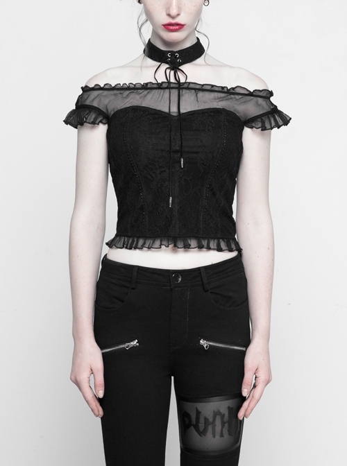 Off-Shoulder Short Sleeve Splice Lace Flounce Hem Black Gothic Imitates Silk T-Shirt