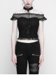 Off-Shoulder Short Sleeve Splice Lace Flounce Hem Black Gothic Imitates Silk T-Shirt