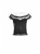 Off-Shoulder Short Sleeve Splice Lace Flounce Hem Black Gothic Imitates Silk T-Shirt