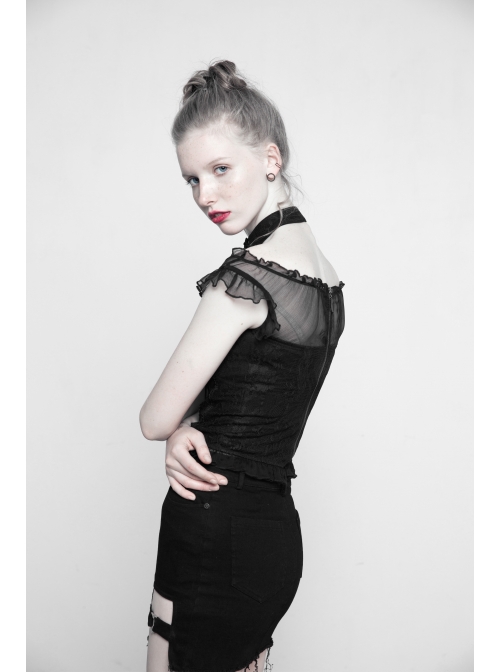 Off-Shoulder Short Sleeve Splice Lace Flounce Hem Black Gothic Imitates Silk T-Shirt
