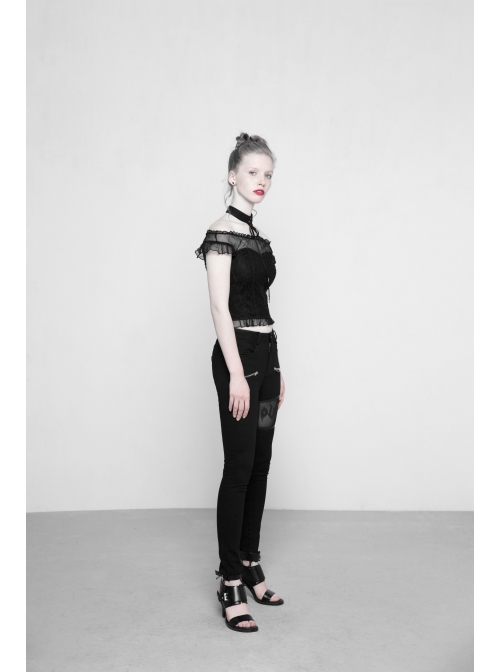 Off-Shoulder Short Sleeve Splice Lace Flounce Hem Black Gothic Imitates Silk T-Shirt