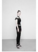 Off-Shoulder Short Sleeve Splice Lace Flounce Hem Black Gothic Imitates Silk T-Shirt