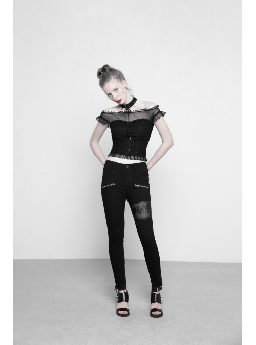 Off-Shoulder Short Sleeve Splice Lace Flounce Hem Black Gothic Imitates Silk T-Shirt