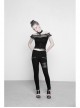 Off-Shoulder Short Sleeve Splice Lace Flounce Hem Black Gothic Imitates Silk T-Shirt