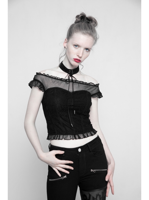 Off-Shoulder Short Sleeve Splice Lace Flounce Hem Black Gothic Imitates Silk T-Shirt