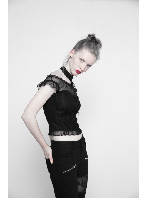 Off-Shoulder Short Sleeve Splice Lace Flounce Hem Black Gothic Imitates Silk T-Shirt