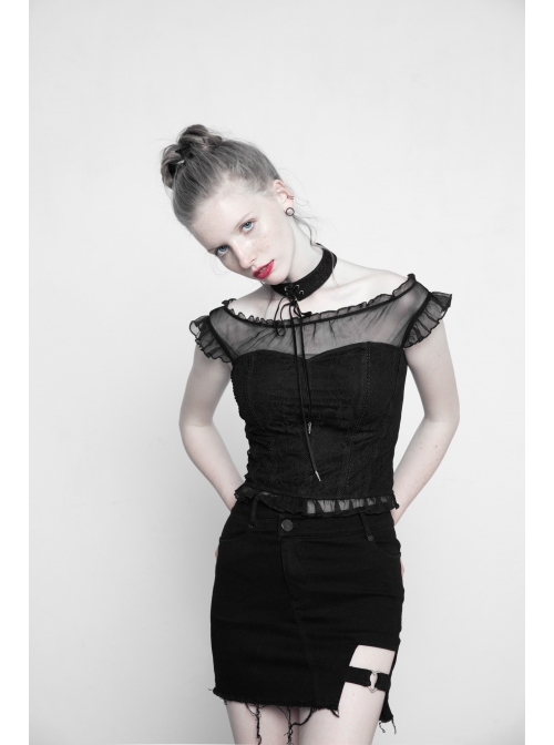 Off-Shoulder Short Sleeve Splice Lace Flounce Hem Black Gothic Imitates Silk T-Shirt