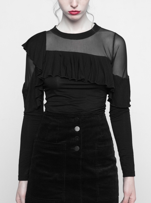 Front Chest Flounce Splice Mesh Long Sleeve Black Punk Tight-Knit T-Shirt