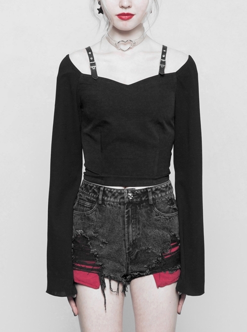 Off-Shoulder Metal Buckle Leather Shoulder Belt Long Sleeve Black Punk Chiffon Short T-Shirt