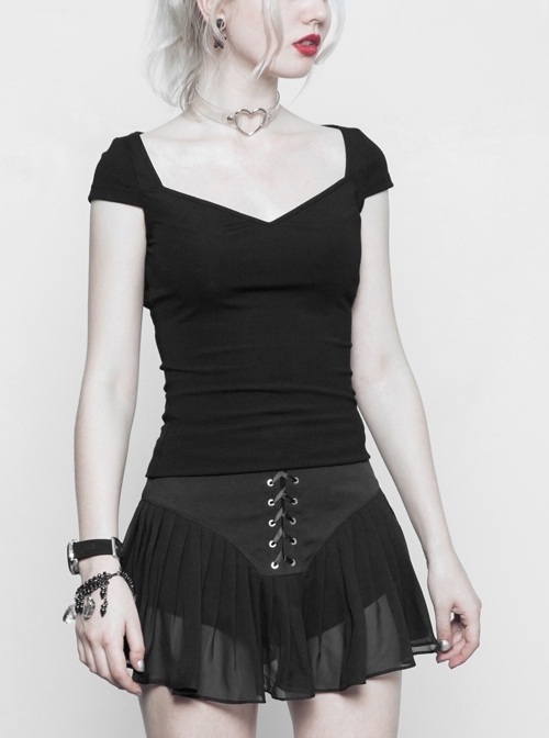 Big Collar Short Sleeve Black Punk Tight Knitted T-Shirt