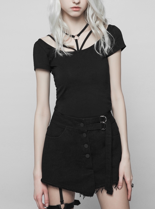 Metal Ring Bandage Big Collar Short Sleeve Black Punk Tight T-Shirt