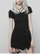 Metal Ring Bandage Big Collar Short Sleeve Black Punk Tight T-Shirt