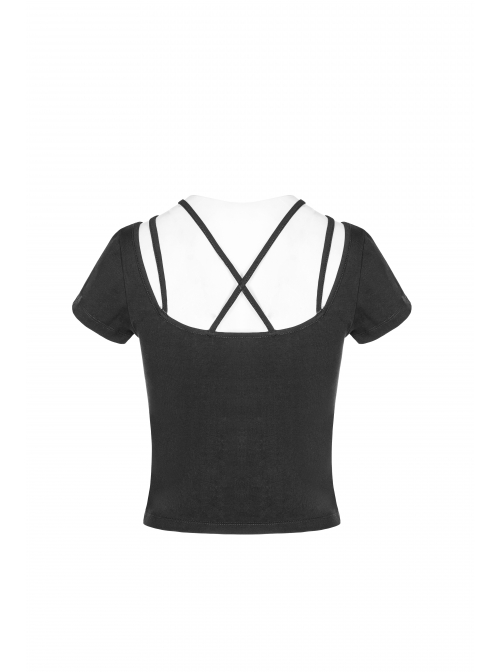 Metal Ring Bandage Big Collar Short Sleeve Black Punk Tight T-Shirt