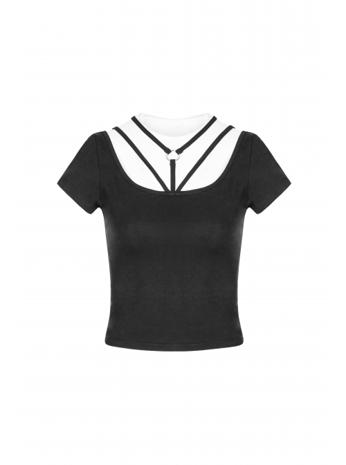 Metal Ring Bandage Big Collar Short Sleeve Black Punk Tight T-Shirt